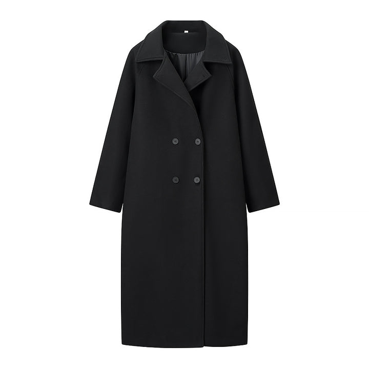 Ladies long coat in a minimalist cocoon cut made of a wool blend with double-breasted button placket Amarae