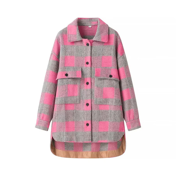 Women Oversize Checked Teddy Shirt Jacket with Flap Pockets Amarae