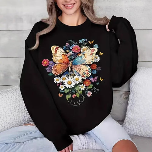 Sweatshirt à longues manches pour femmes avec imprimé floral de papillon Chic & Stil