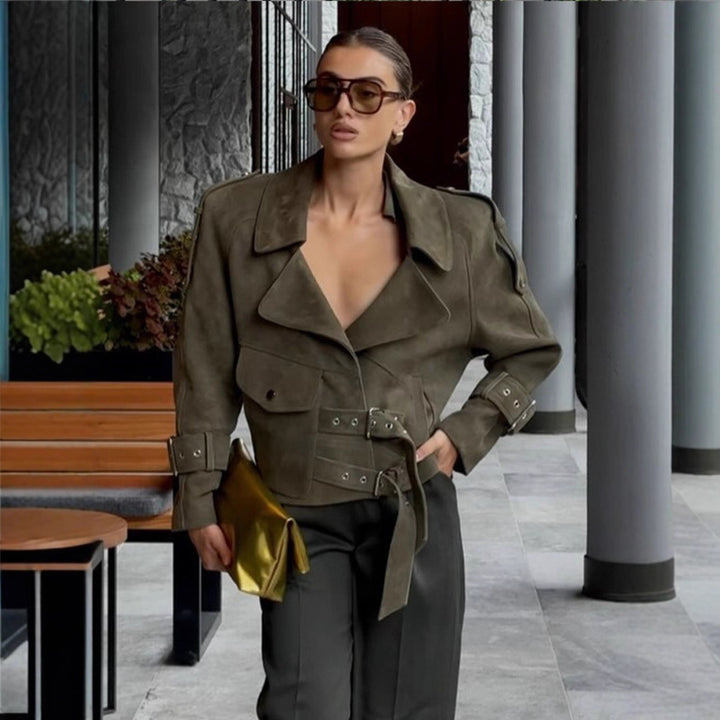 Ladies short jacket made of suede look with waist belt, buckles & oversized collar Amarae