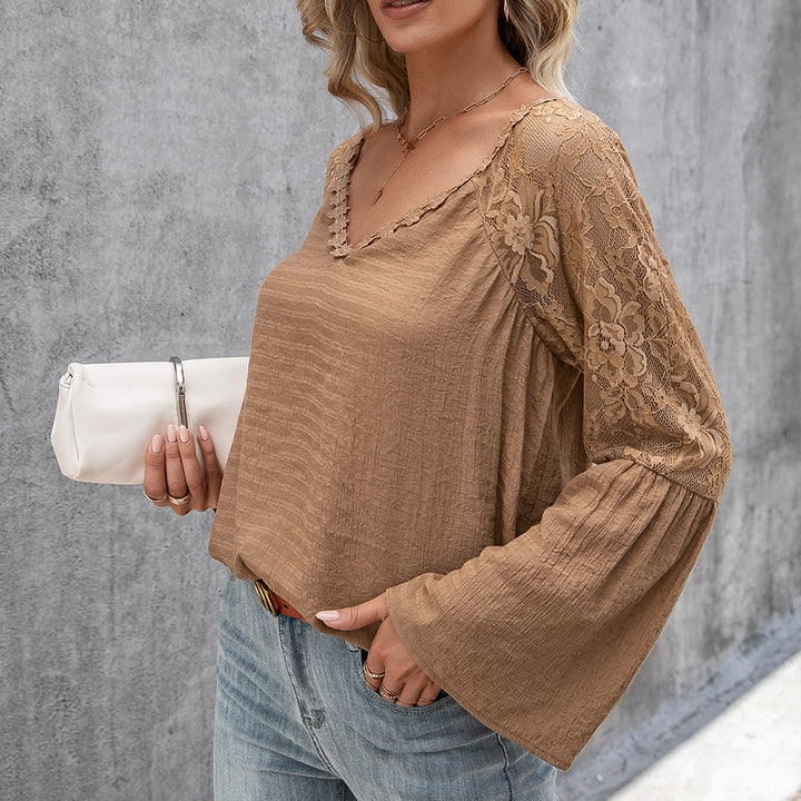 Women's blouse with sheer lace sleeves and trendy V-neck Lune London