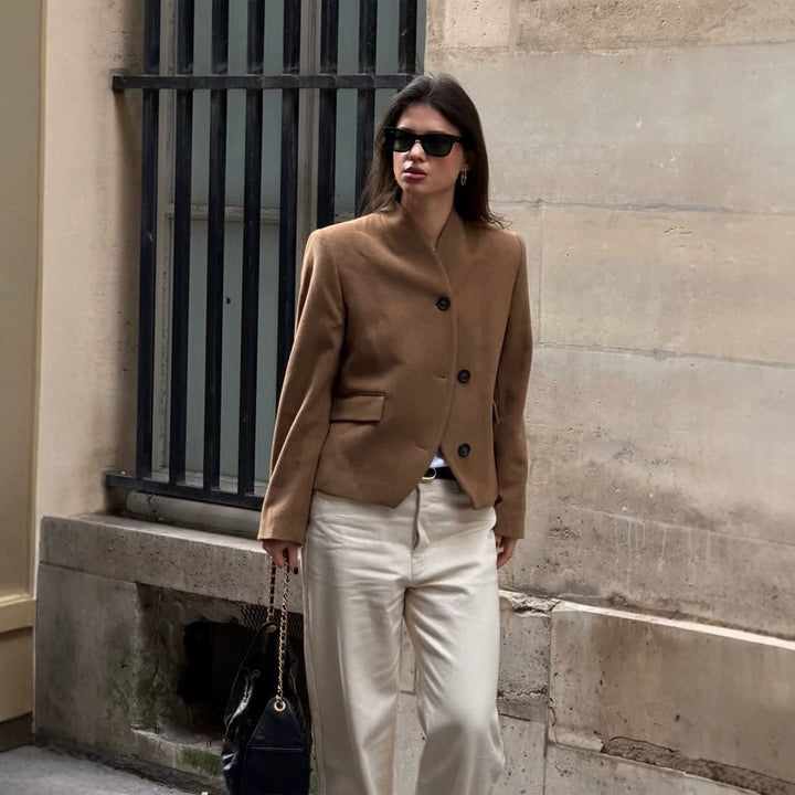 Women's short blazer made of wool blend with stand-up collar, boxy silhouette & three buttons Amarae