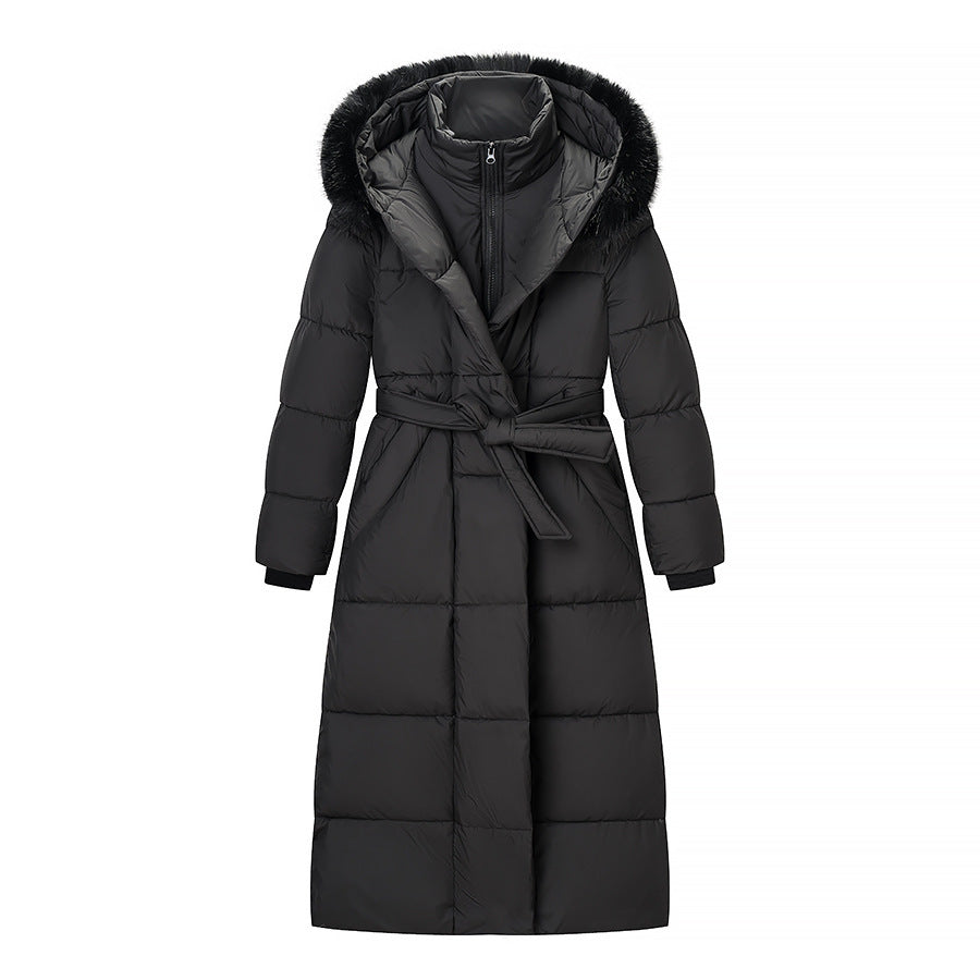 Women's Longer Quilted Down Coat with Hood, Faux Fur Trim and Waist Belt Amarae