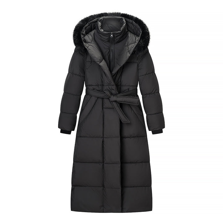 Women's Longer Quilted Down Coat with Hood, Faux Fur Trim and Waist Belt Amarae