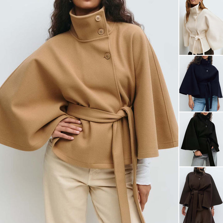 Women's Short Cape Coat with Stand-Up Collar, Oversized Sleeves and Tie Belt Amarae