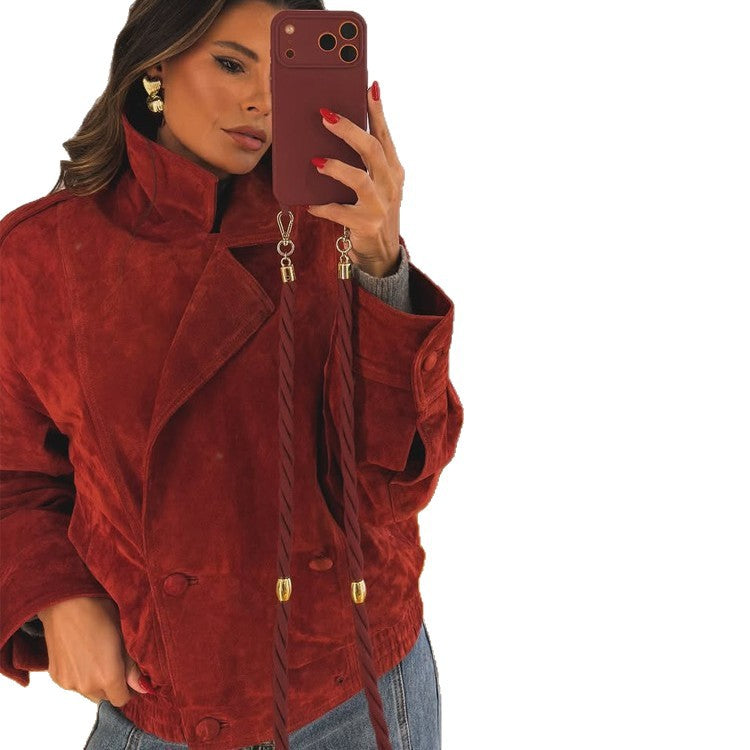 Women cropped suede leather jacket with high collar and double-breasted button placket Amarae