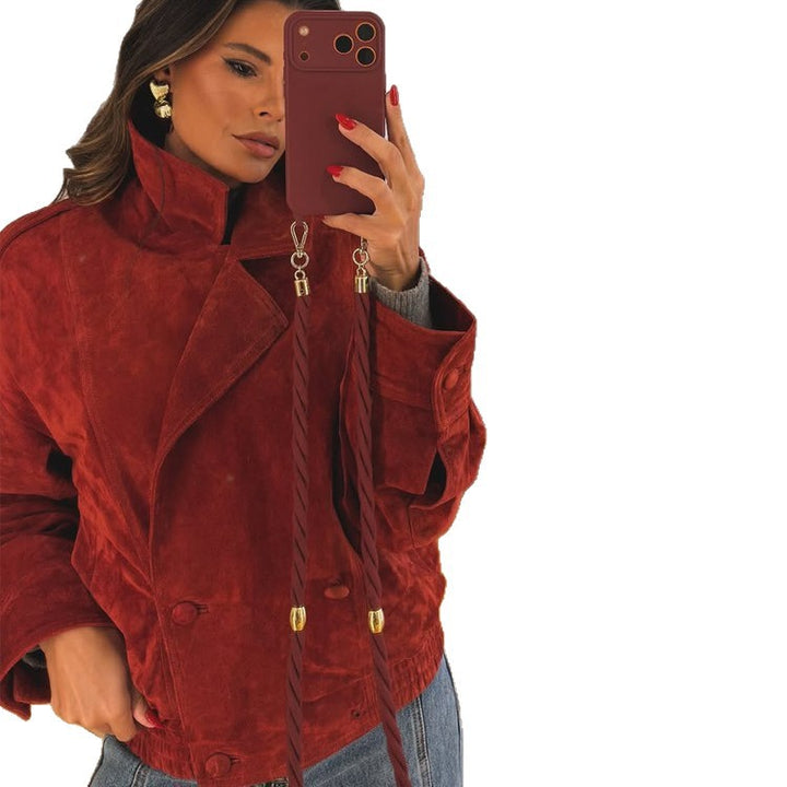 Women cropped suede leather jacket with high collar and double-breasted button placket Amarae