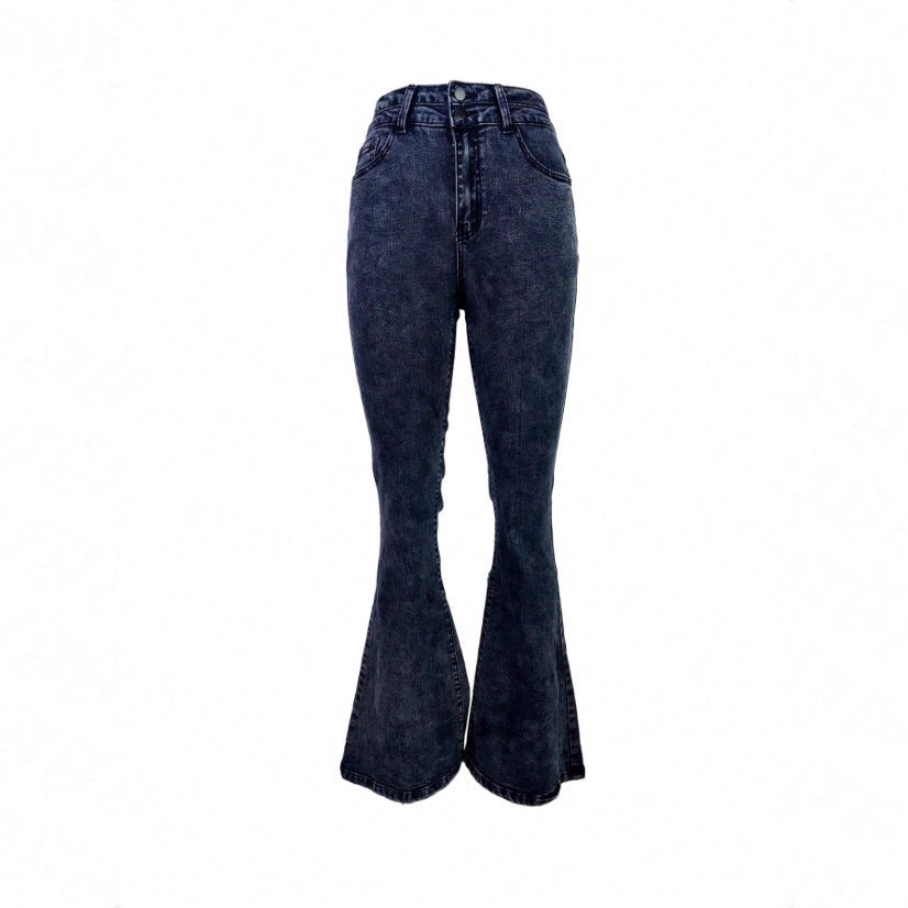 Ladies high-waisted faded flared jeans with double button waistband and shaping stretch cut Amarae