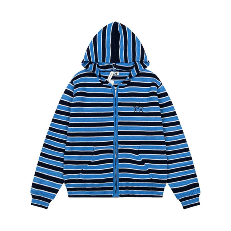 Women's Striped Hooded Cardigan with Full Zip and Pockets Amarae