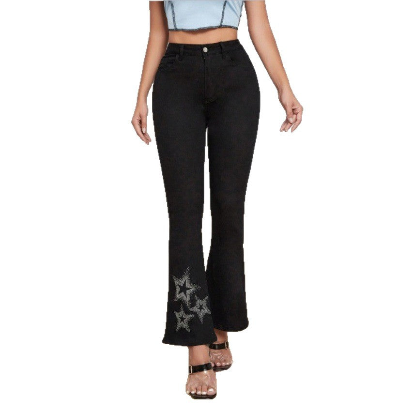 Women's High-Waisted Stretch Bootcut Jeans with Rhinestone Star Applique at Hem Amarae