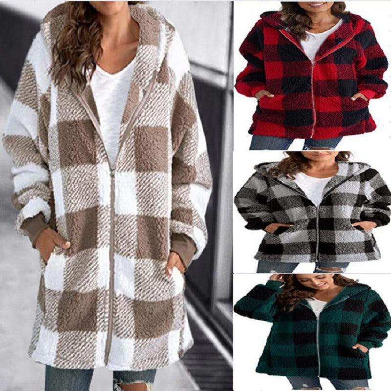 Women's Checked Teddy Fleece Coat with Hood and Zipper Amarae