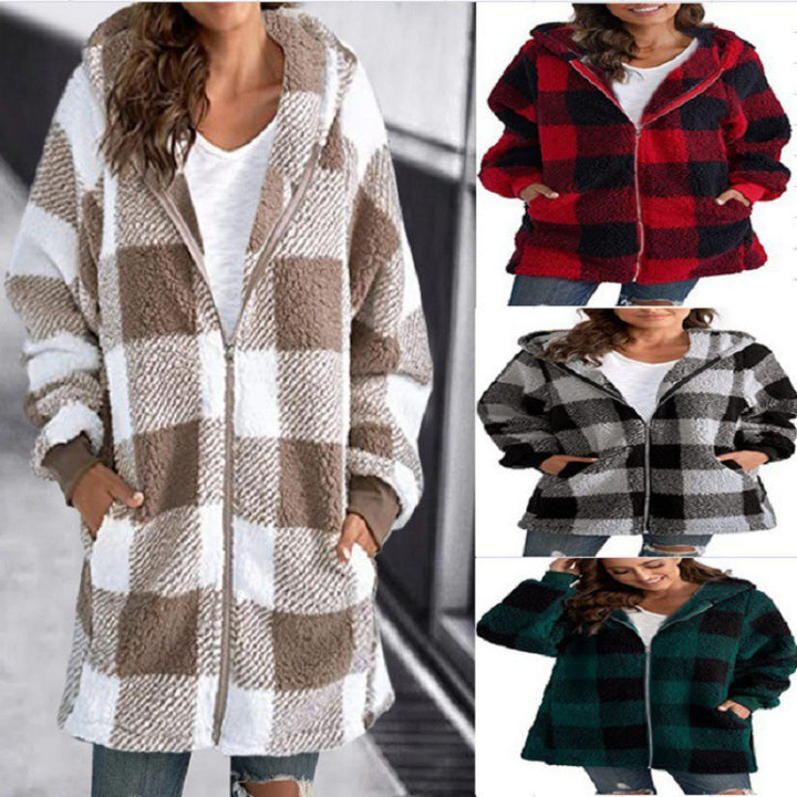 Women's Checked Teddy Fleece Coat with Hood and Zipper Amarae