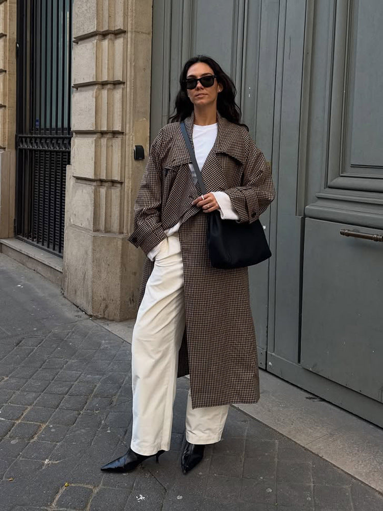 Women Oversize Coat in Glencheck with Wide Lapels and Dropped Shoulder Amarae