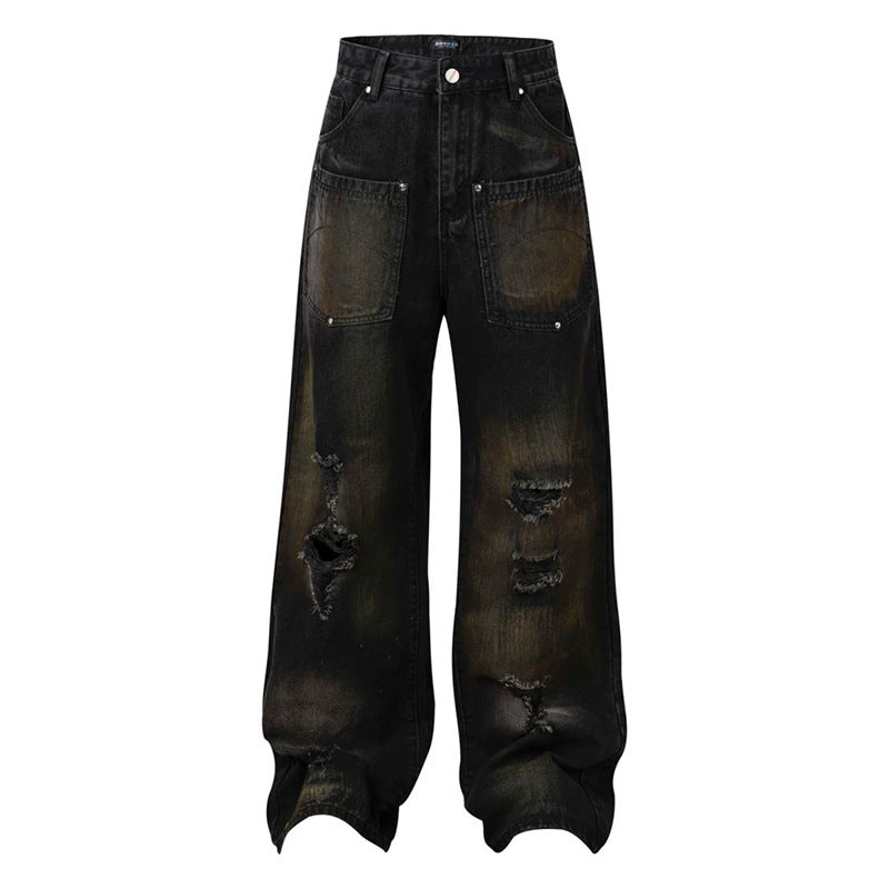 Women's Wide High-Waist Destroyed Denim Palazzo Jeans with Patch Pockets Amarae