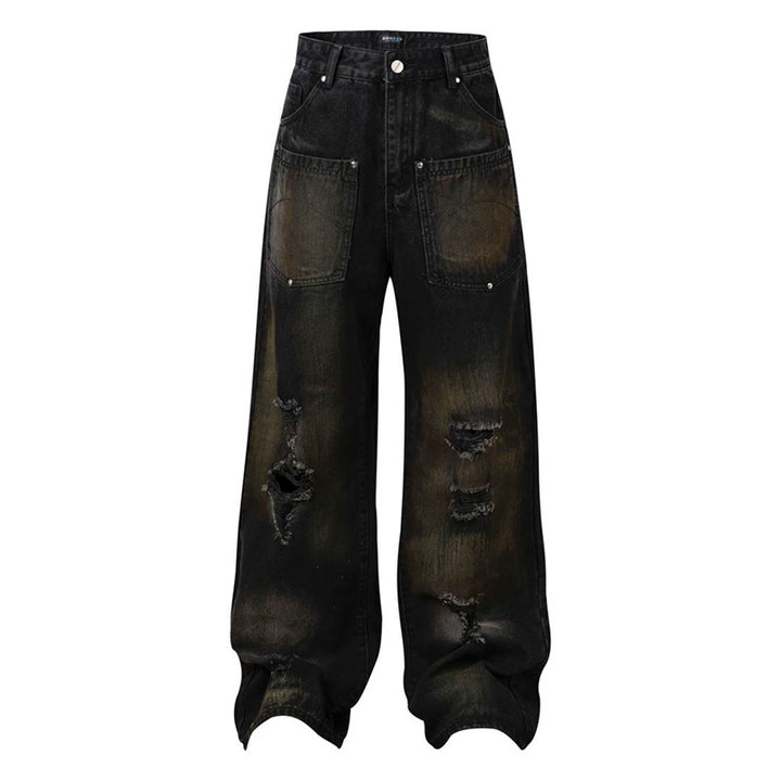 Women's Wide High-Waist Destroyed Denim Palazzo Jeans with Patch Pockets Amarae
