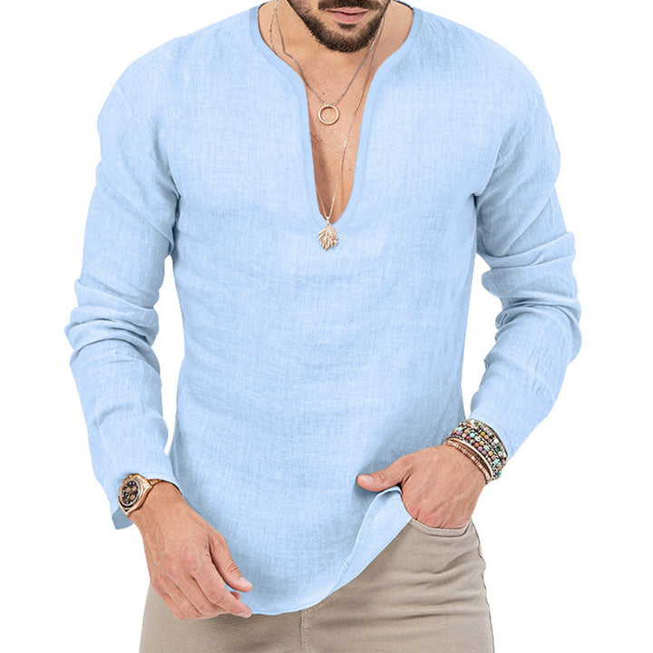 Men's casual linen shirt with deep V-neck and comfortable fit Lune London