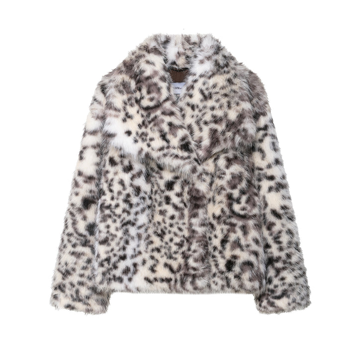 Women's Short Faux Fur Coat with Leopard Print and Shawl Collar Amarae