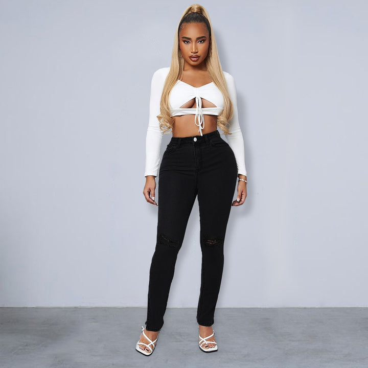 Women's Sculpting High-Waist Skinny Jeans with Knee Slits and Ankle Zippers Amarae
