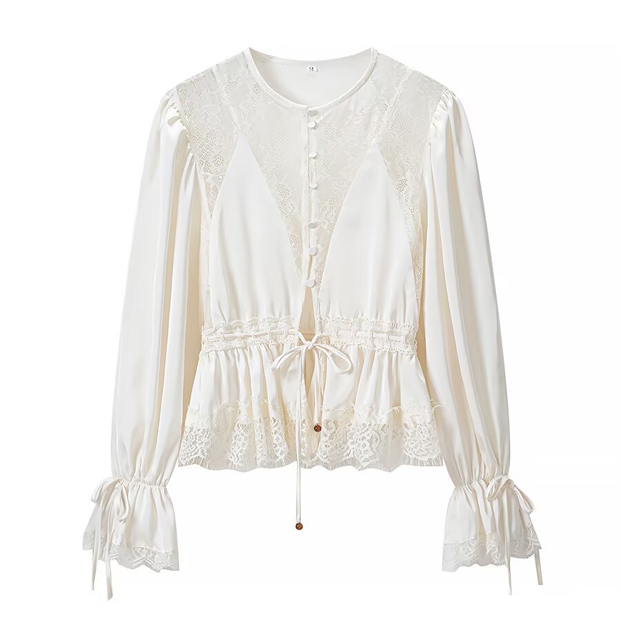 Ladies Romantic Lace Blouse with Drawstring Waist, Ruffled Hem and Balloon Sleeves Amarae