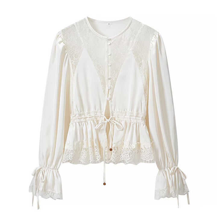 Ladies Romantic Lace Blouse with Drawstring Waist, Ruffled Hem and Balloon Sleeves Amarae