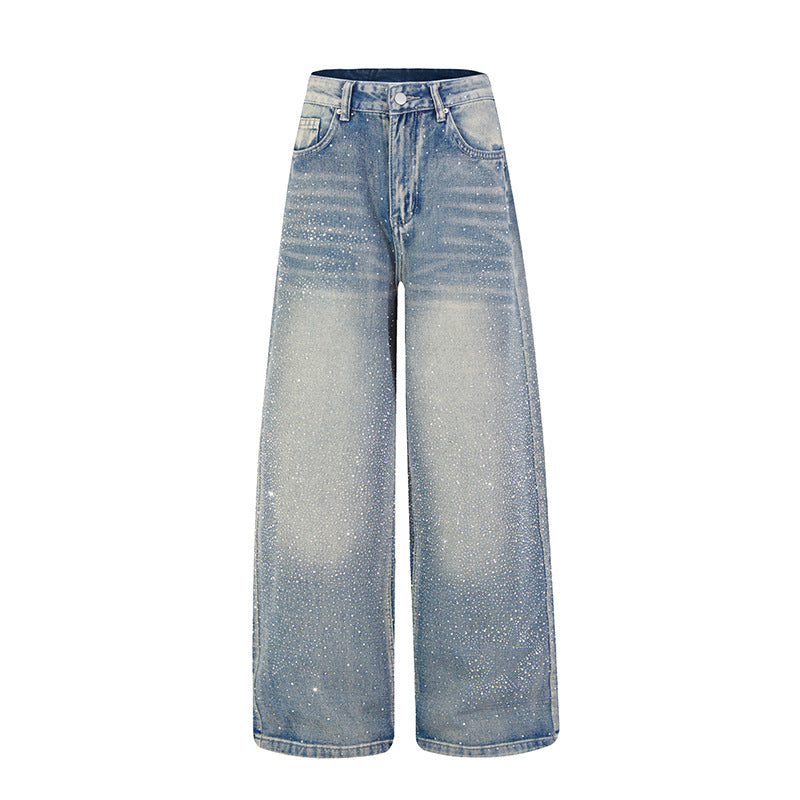 Women wide high-cut palazzo jeans with glitter effect and vintage wash Amarae