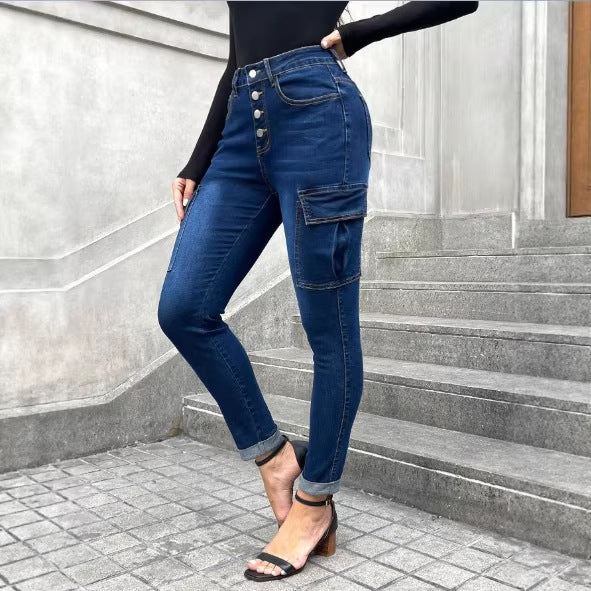 Women’s Waist-Shaping Slim Cargo Jeans with Decorative Button Placket Amarae