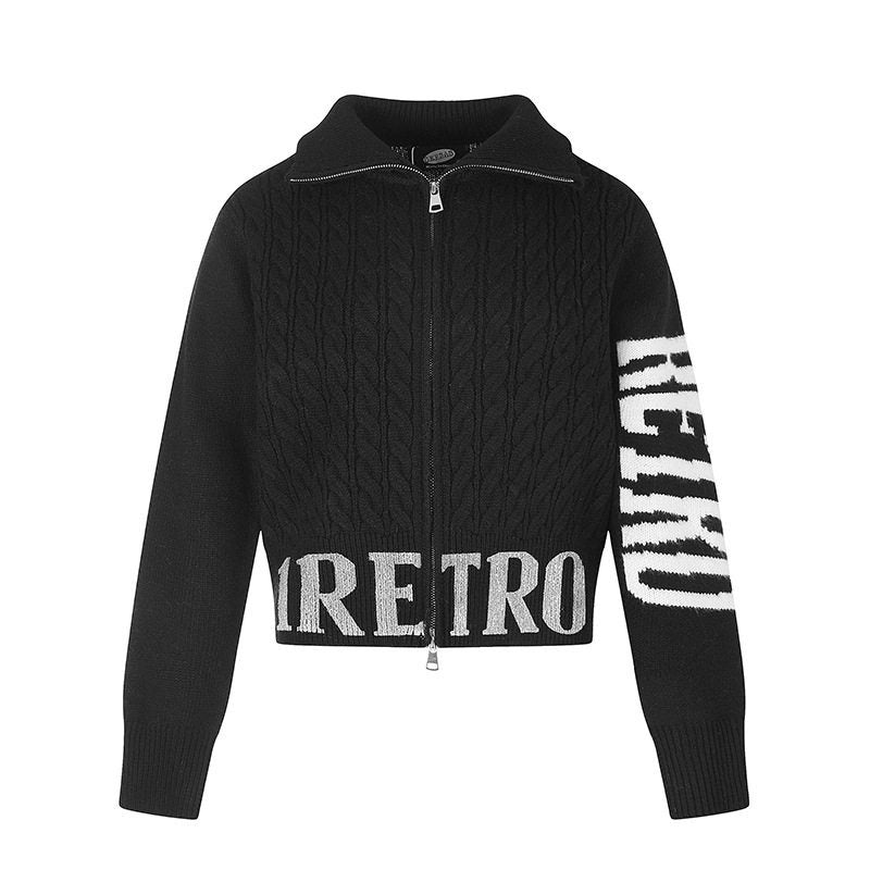 Women's Short Cable Knit Cardigan with Stand-up Collar, Full-Length Zipper and Typo Hem Amarae