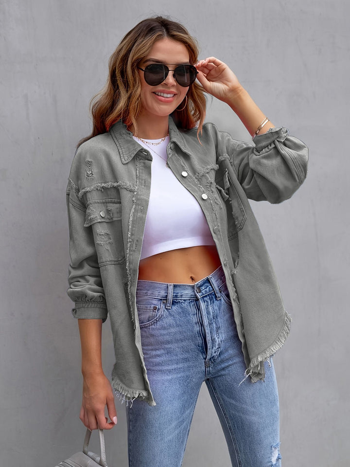 Oversized denim jacket for women with frayed edges and patch pockets Lune London