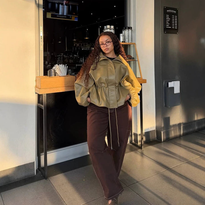 Women Boxy Faux Leather Jacket with High Stand-Up Collar, Drawstring Waist and Balloon Sleeves Amarae