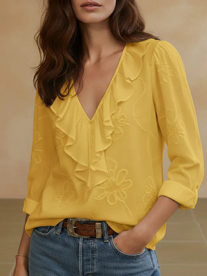 Women's elegant blouse with ruffle and floral embroidery pattern Lune London