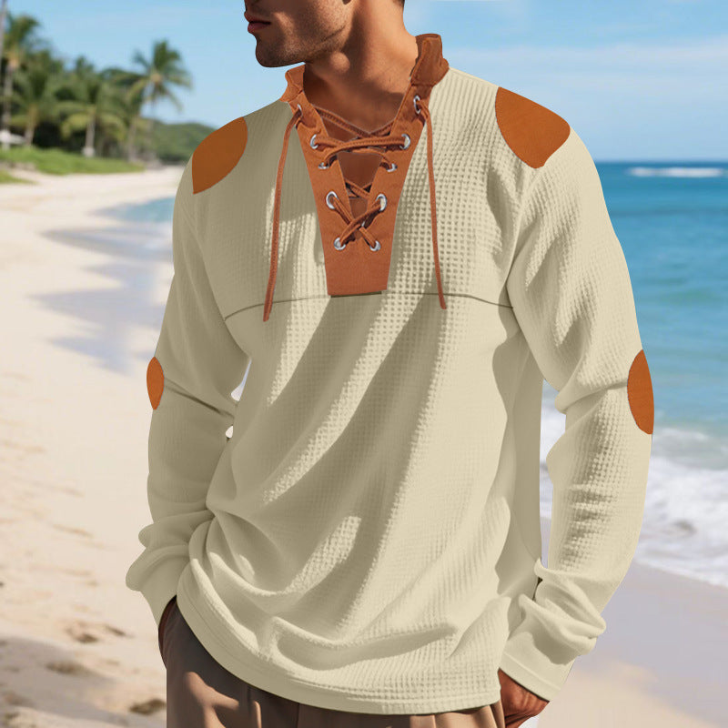 Casual long sleeve Henley shirt for men with an original lace-up design and contrasting elbow patches Lune London