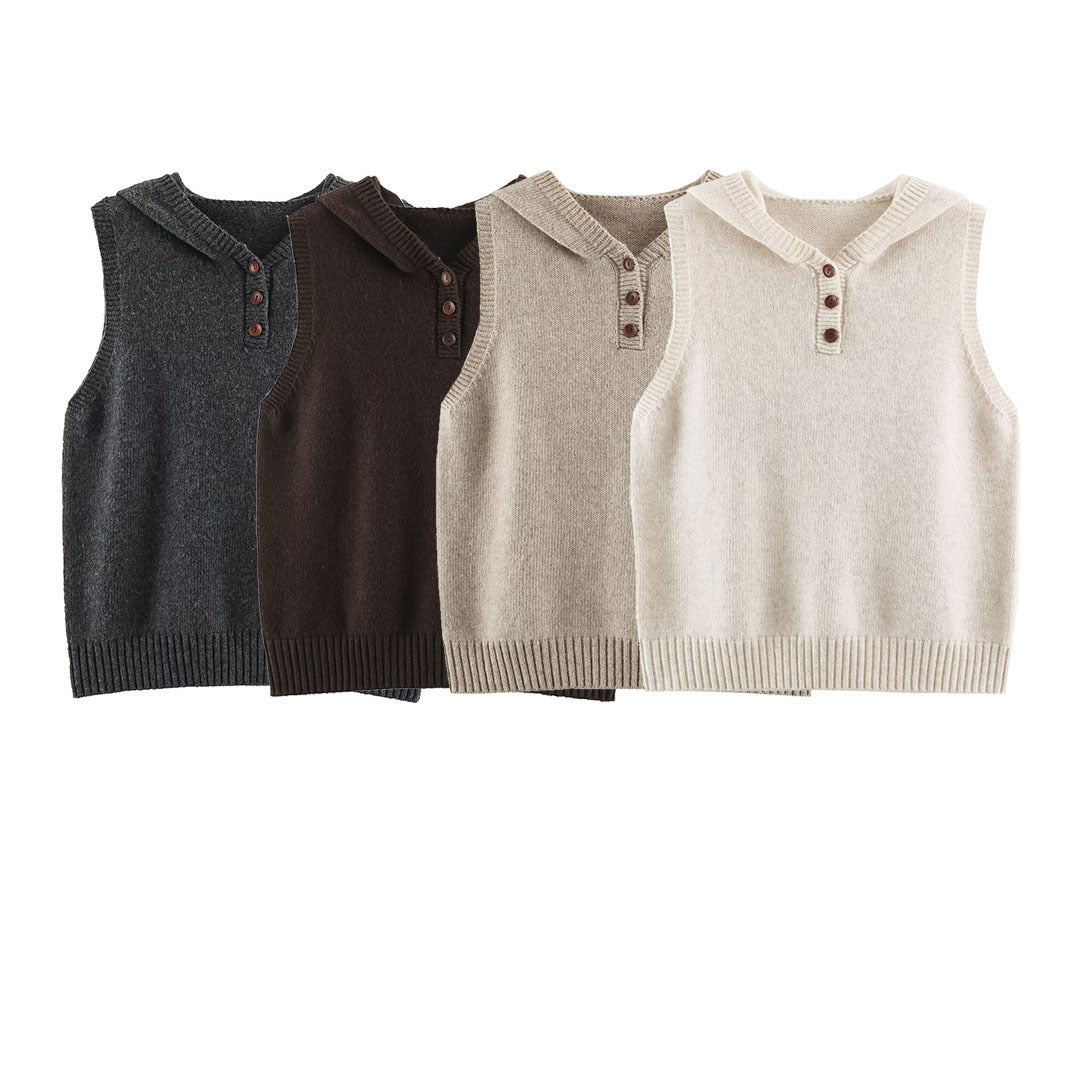 Women's fine knit vest with hood, button placket, and ribbed waistband Amarae