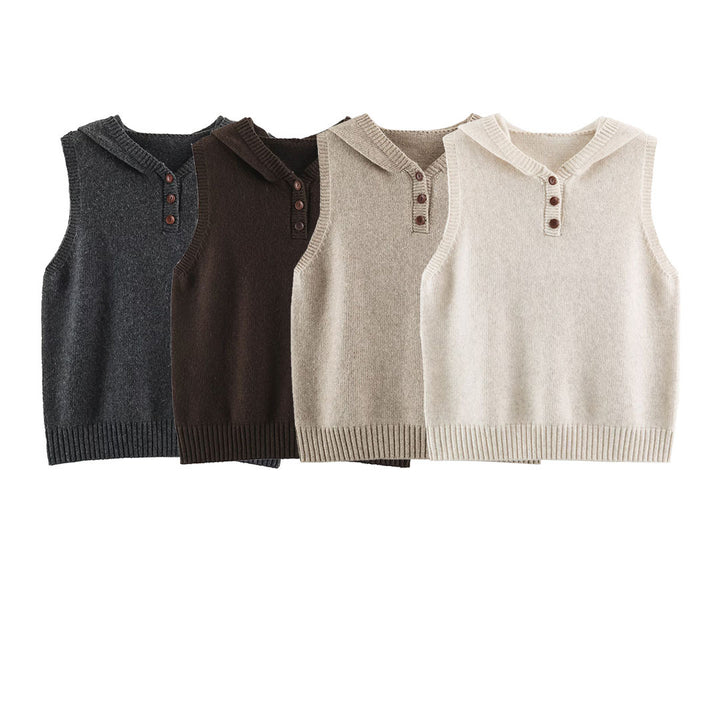 Women's fine knit vest with hood, button placket, and ribbed waistband Amarae