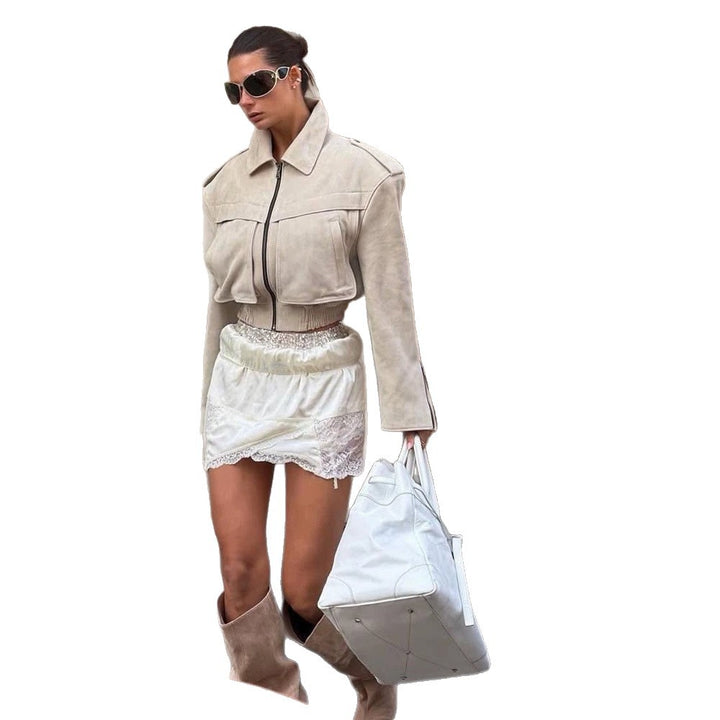 Women's Short Cut Suede Bomber Jacket with Zipper and Tailored Ribbed Cuffs Amarae