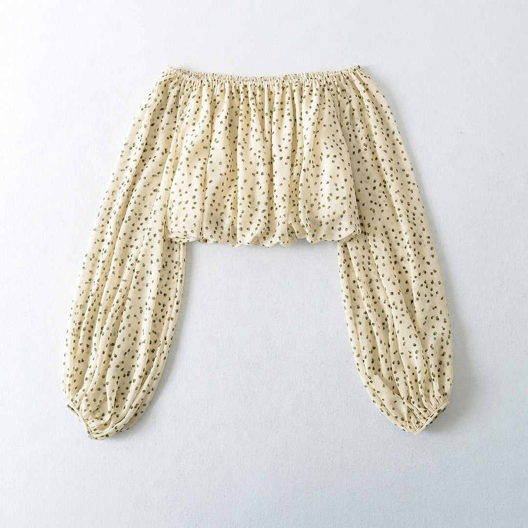 Ladies Carmen Cropped Chiffon Blouse with Elastic, Ruffle Trim and Long Balloon Sleeves Amarae
