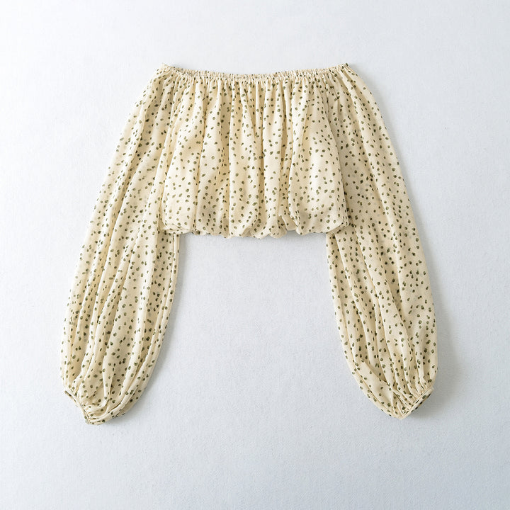 Ladies Carmen Cropped Chiffon Blouse with Elastic, Ruffle Trim and Long Balloon Sleeves Amarae