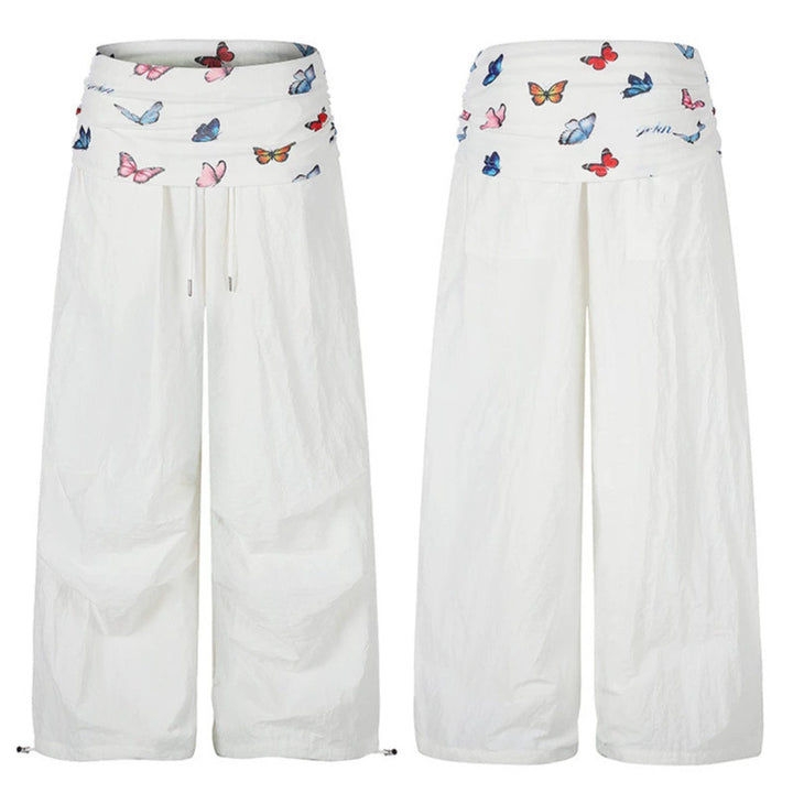 Women's Wide Palazzo Lounge Pants with Pleated Butterfly Waistband and Drawstring