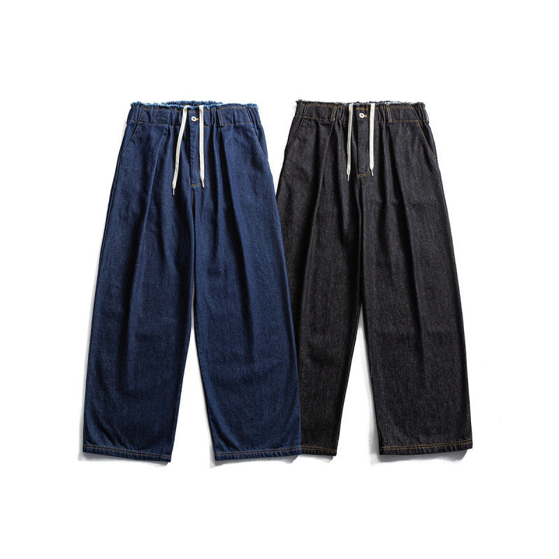 Unisex Wide Denim Pants with Elastic Waistband, Drawstring and Pleated Amarae