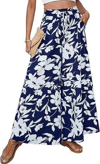 Lune London Women's Wide Leg Beach Pants with Floral Pattern