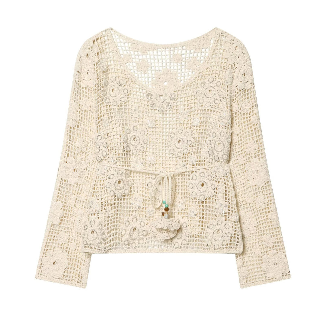 Women's crochet sweater with flower appliqués and drawstring Amarae