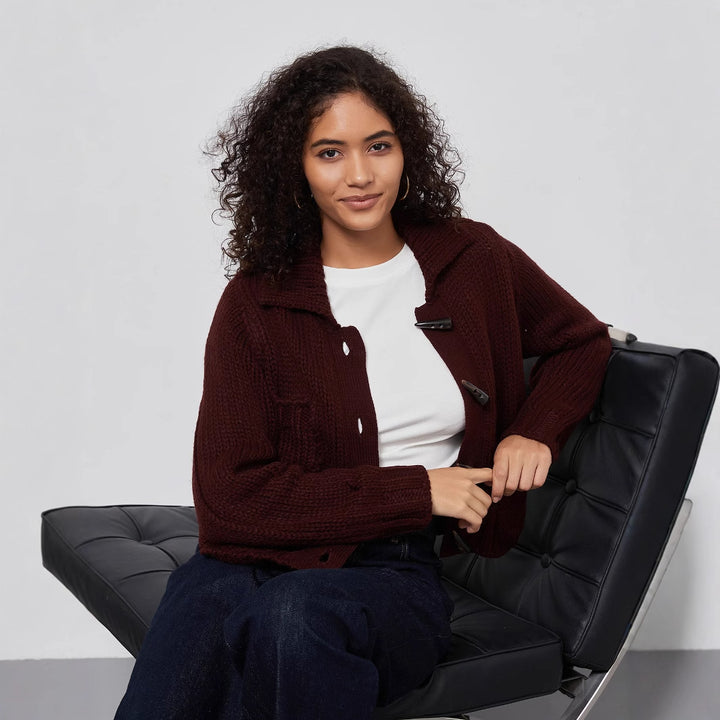 Thick knit jacket for women with decorative button details and practical pockets Lune London