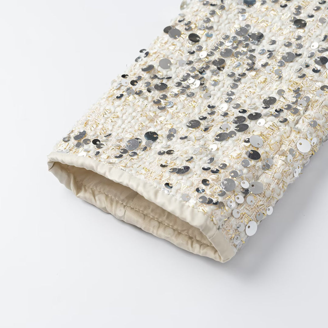 Women's short jacket made of bouclé with sequin trim, decorative pearl buttons, and a belted waist Amarae