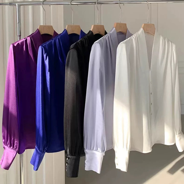 Women Luxe Satin Buttoned Chic Blouse and Style