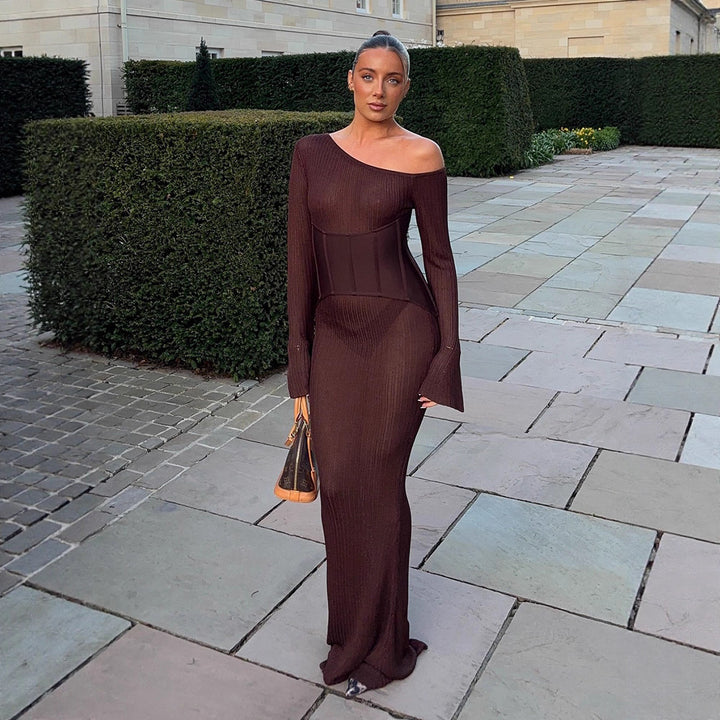 Women's One-Shoulder Maxi Dress with Shaping Corset Waist and Ribbed Knit Amarae
