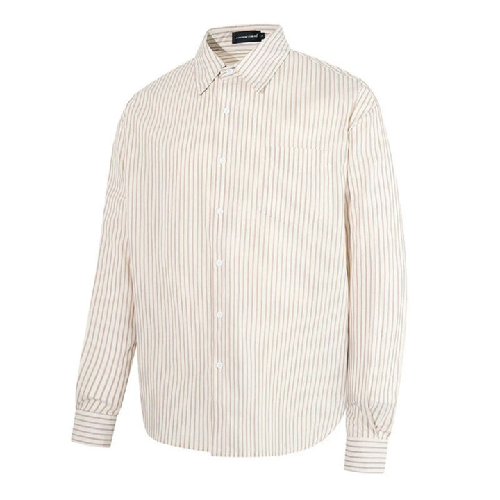 Men's Loose Shirt with Kent Collar, Fine Vertical Stripes and Chest Pocket Amarae