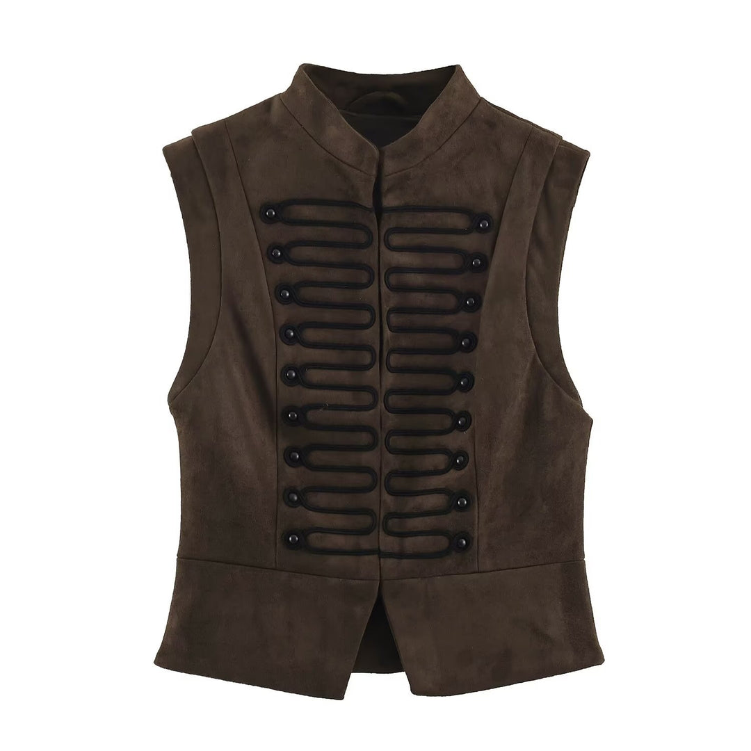 Women's Tailored Vest with Marshal Decoration and Stand-Up Collar Amarae