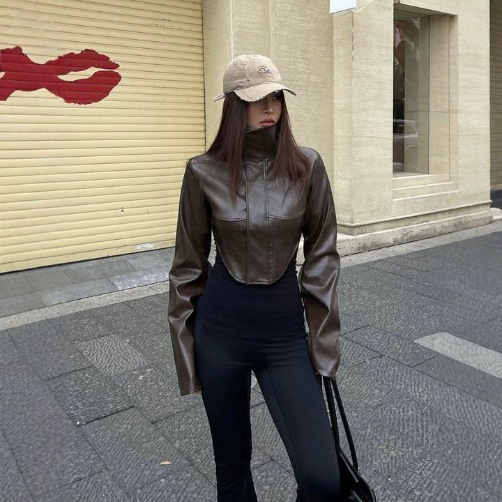 Women Cropped Faux Leather Corset Jacket with High Standing Collar and Extended Sleeves Amarae