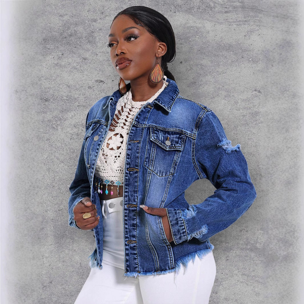 Women's Casual Denim Jacket with Distressed Details, Patch Chest Pockets and Frayed Hem Amarae