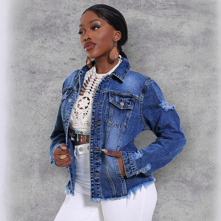 Women's Casual Denim Jacket with Distressed Details, Patch Chest Pockets and Frayed Hem Amarae