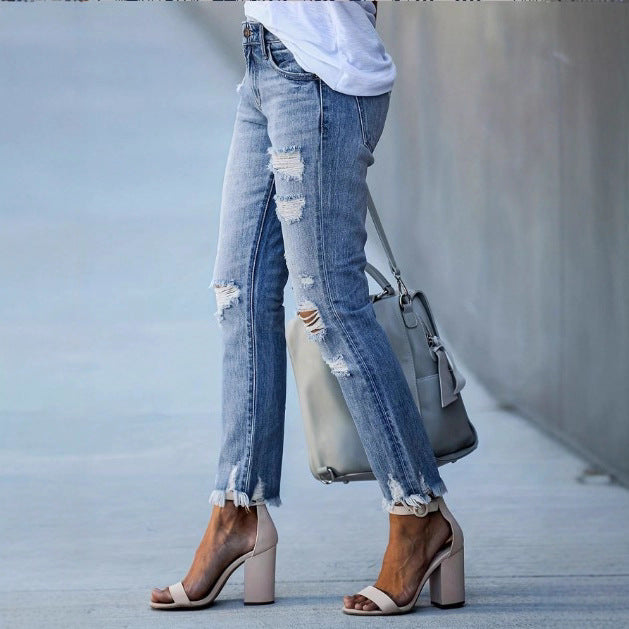 Ladies Casual Cropped Jeans with Distressed Destroy Design, High Waist and Asymmetrical Fringed Hem Amarae